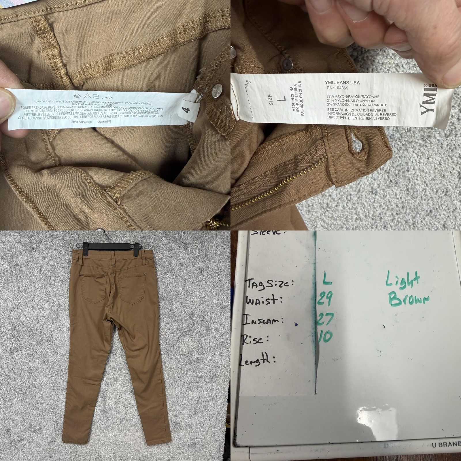 Vintage YMI Jegging Pants Womens L Light Brown Skinny Leg Casual Twill Five-Pocket Zip Fly Button Closure Regular Rise 27in Inseam 29in Waist Size 36" / US 14 / IT 50 - 8 Thumbnail