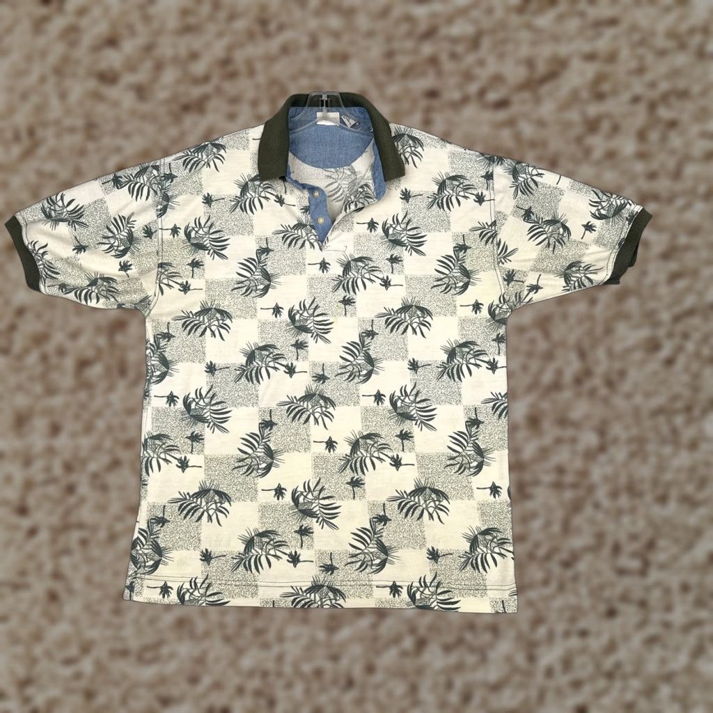 Bugle Boy VINTAGE Bugle Boy Polo Shirt Adult XL Ivory Green Palm Check Poly READ Polo Shirt Adult XL Green Ivory Palm Check Bugle Boy Polo Shirt Size US XL / EU 56 / 4 - 1 Thumbnail