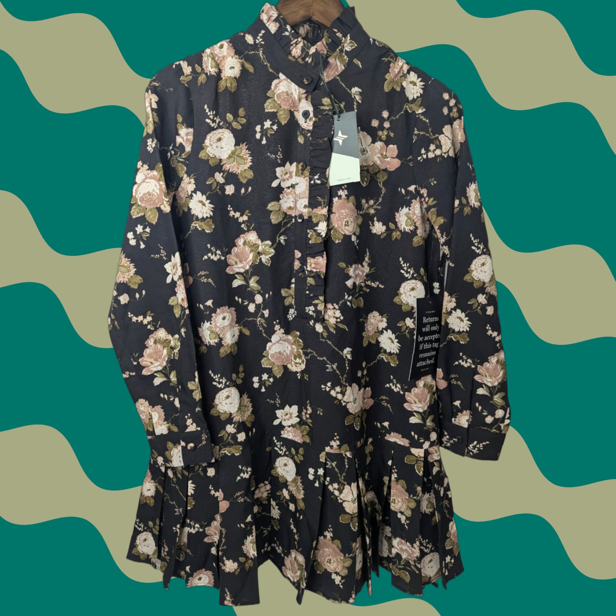 Vintage NWT Tuckernuck Mini Dress Womens S Midnight Garden Floral Long Sleeve Pleated Size S / US 4 / IT 40 - 1 Thumbnail