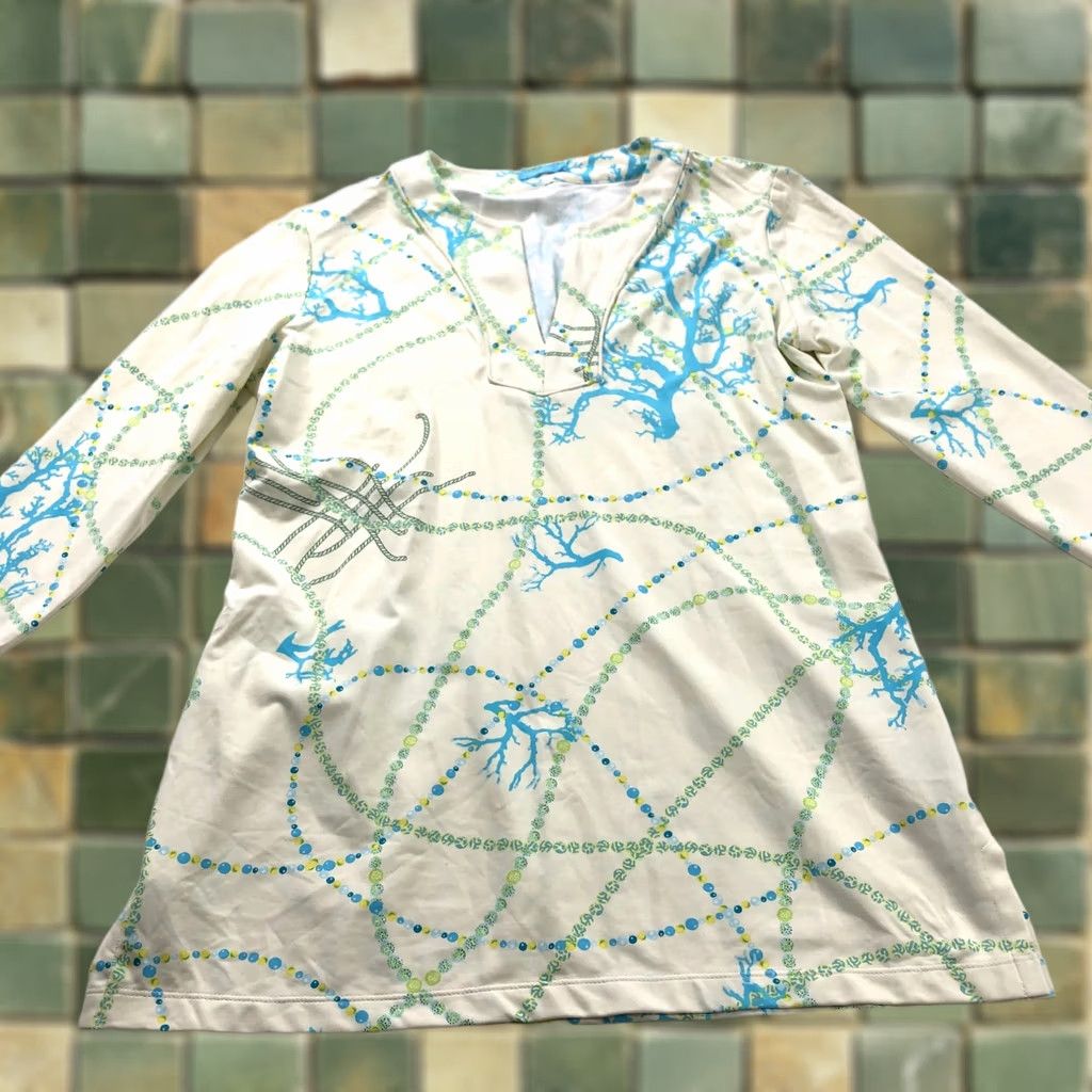 J.McLaughlin J McLaughlin Medium Catalina Nylon Pullover Top Shirt V-Neck Yellow Blues Mens Womens Girls Boys Size M / US 6-8 / IT 42-44 - 1 Thumbnail