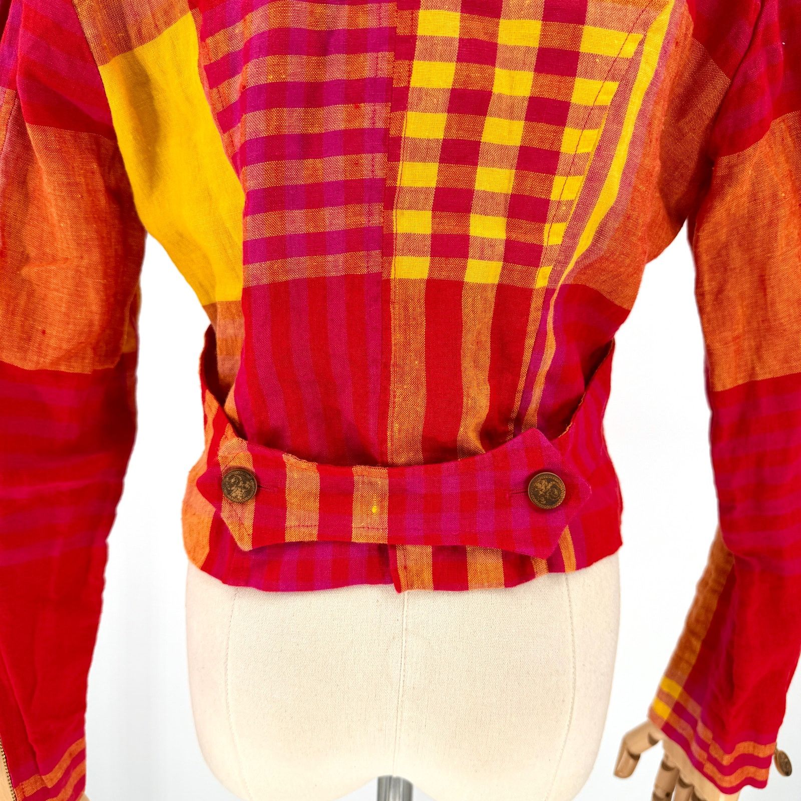 Christian Lacroix Vintage 90s Red Yellow Plaid 100% Linen Crop Jacket Size M / US 6-8 / IT 42-44 - 6 Thumbnail