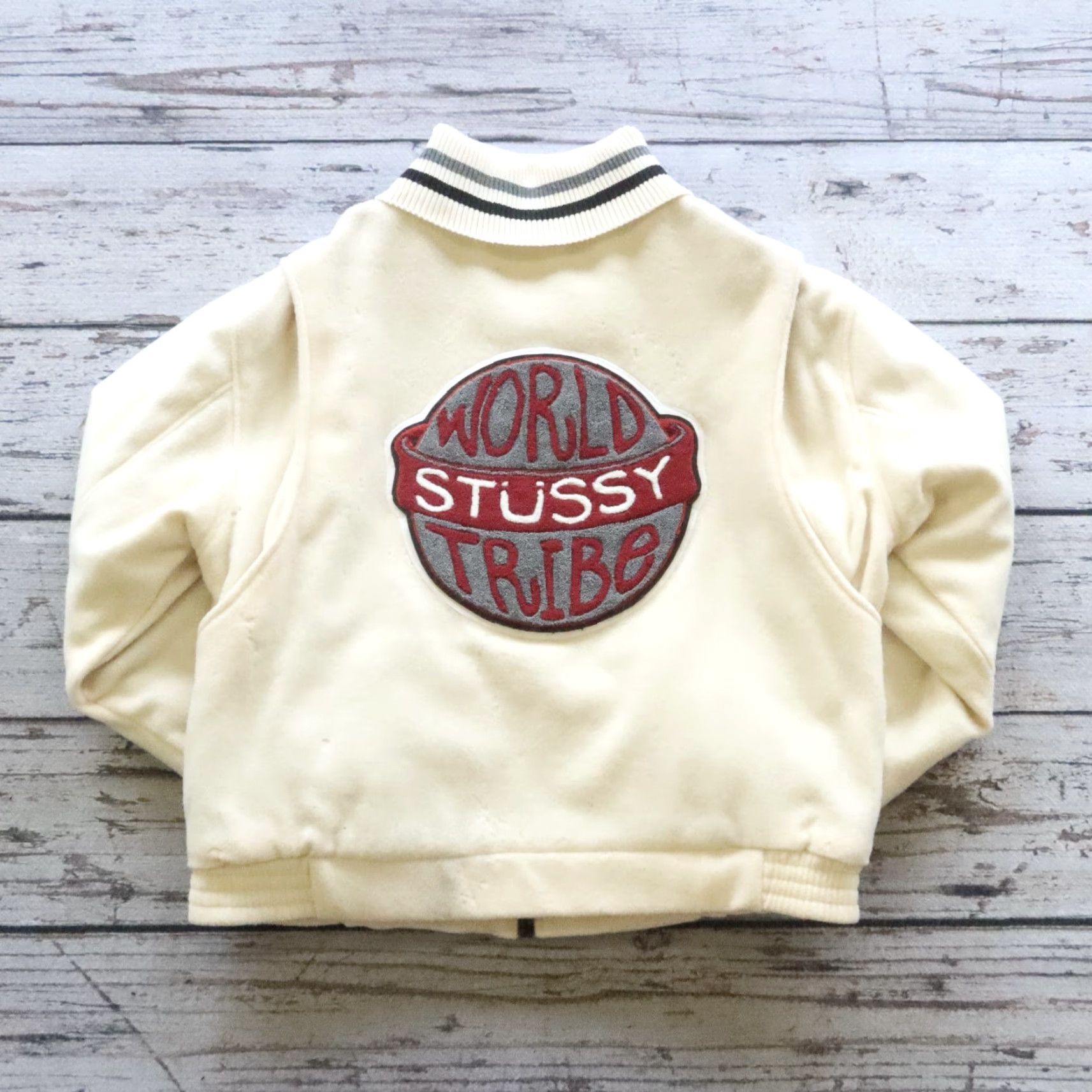 Vintage VINTAGE Stussy Burly Gear World Tribe Wool Varsity Jacket M Beige Men Jacket M USA Size US M / EU 48-50 / 2 - 2 Thumbnail