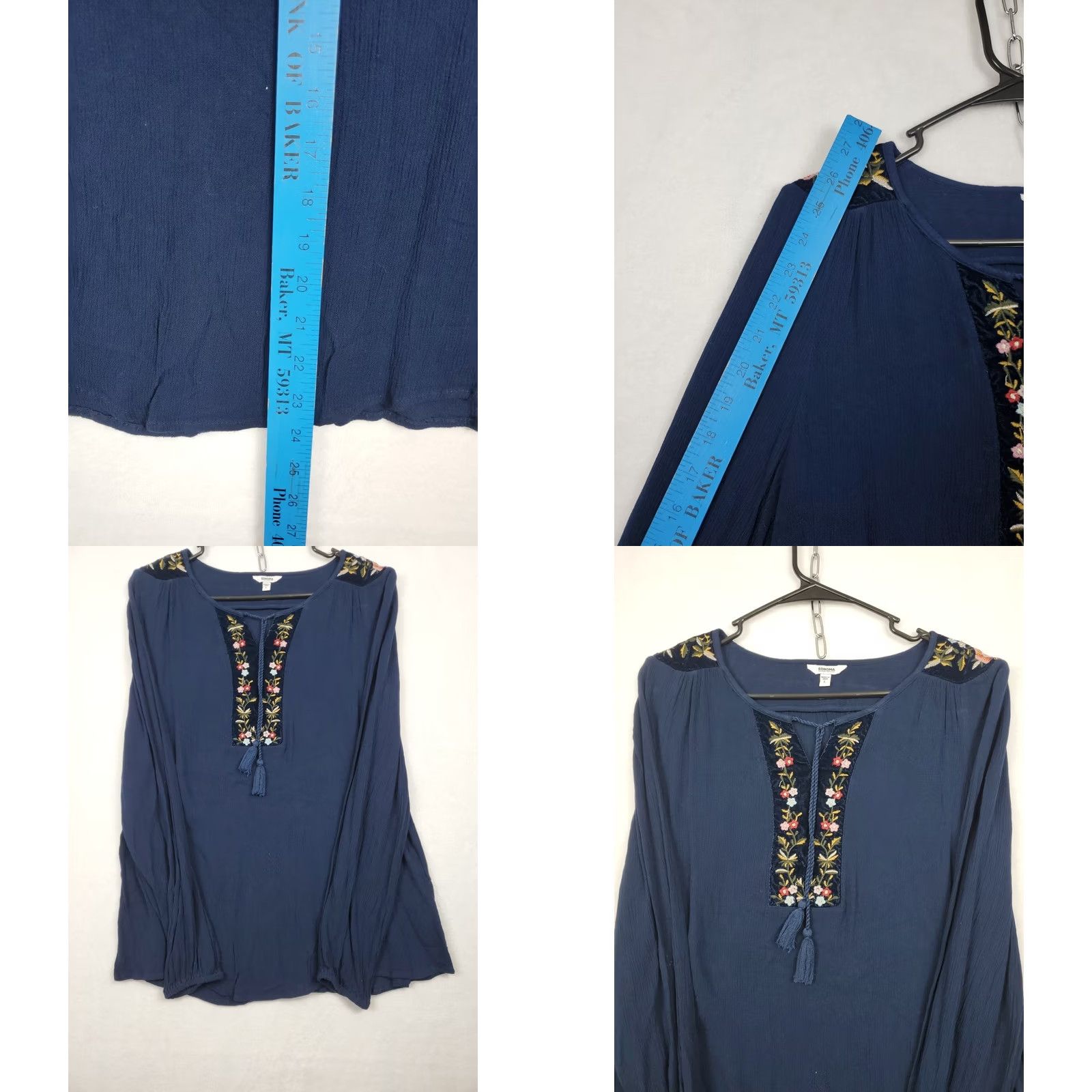 Vintage VINTAGE Sonoma Embroidered Tie Neck Peasant Blouse Floral Navy Blue Long Sleeve V-Neck L Ladies Womens Size L / US 10 / IT 46 - 8 Thumbnail