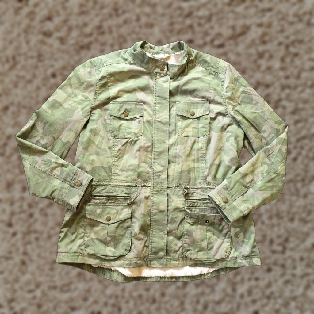 Vintage LL Bean Jacket Women Large Green Camo Pockets Fleece Lined Military Regular Fit Spring Fall Winter Field Coat Size L / US 10 / IT 46 - 1 Thumbnail