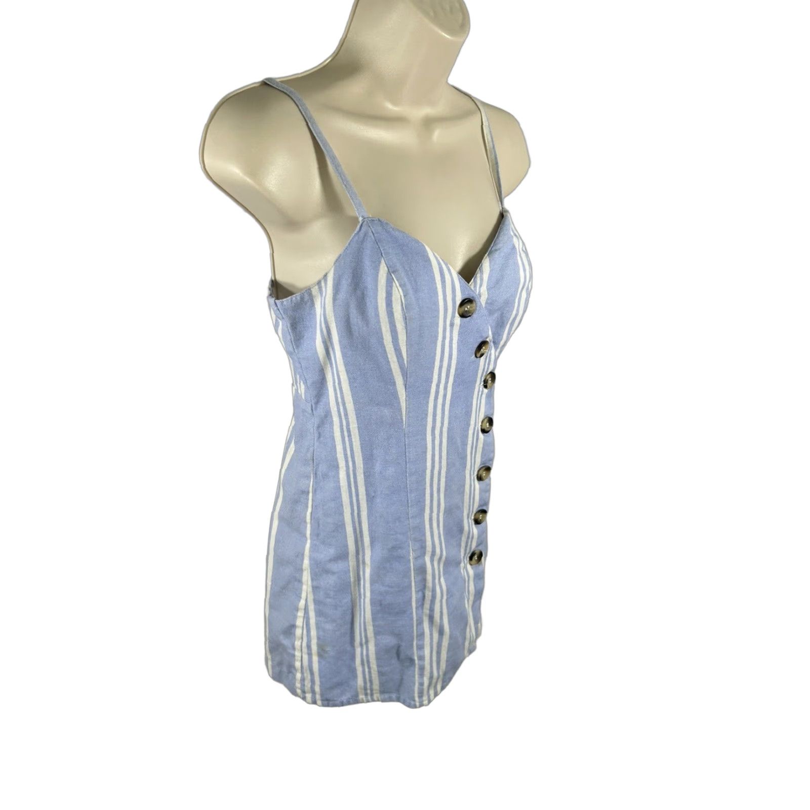 Vintage Japna Romper Linen Blend Striped Button Front Blue White Sleeveless V Neck XS Size 26" / US 2 / IT 38 - 1 Thumbnail