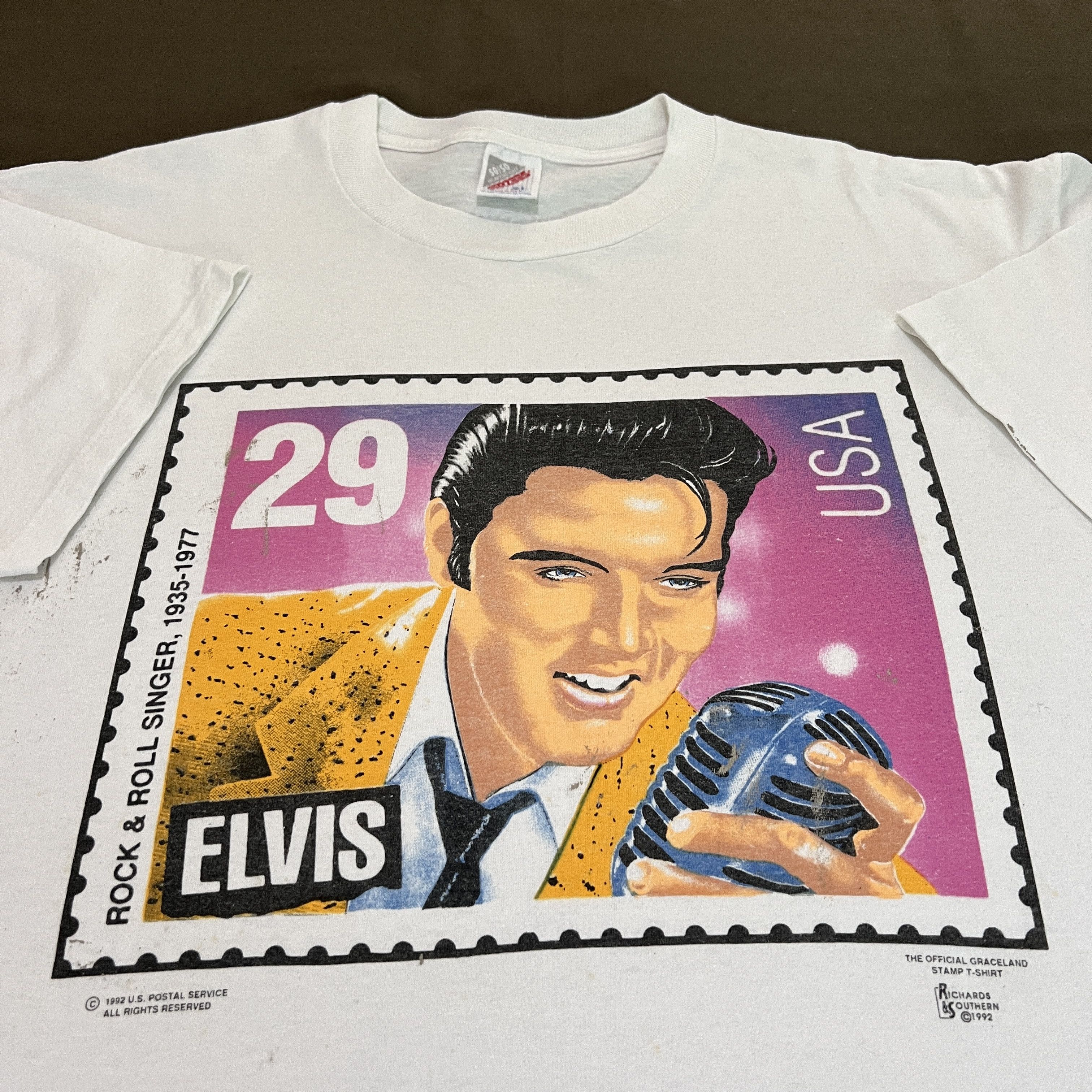 Vintage 90s Elvis USPS Stamp Promo art Tee XL Rock and roll