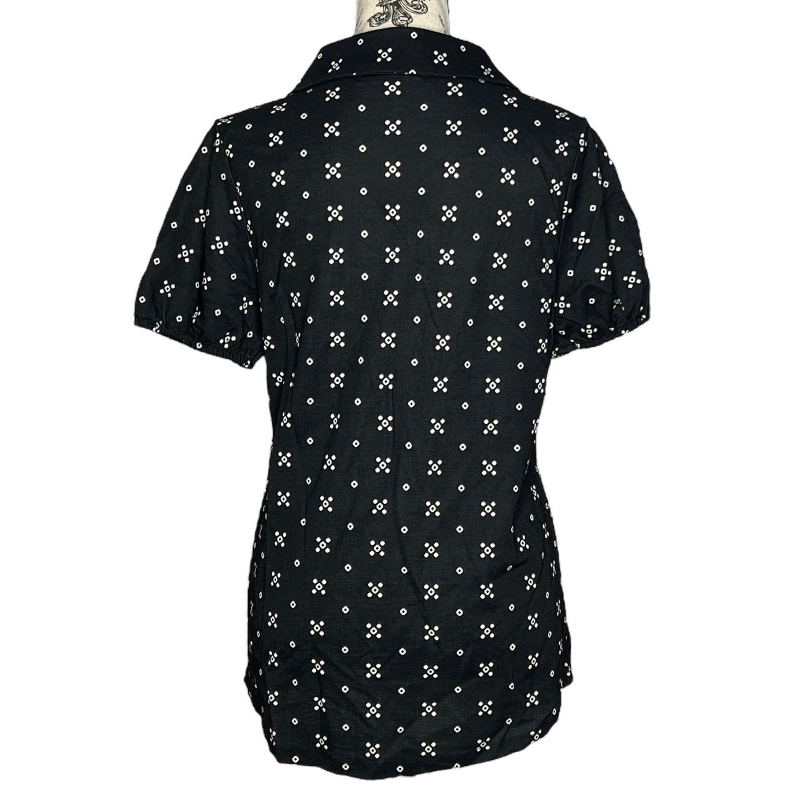Other Elastic Short Sleeve Piqué Patterned Collared Split Neck Top Size M / US 6-8 / IT 42-44 - 3 Thumbnail