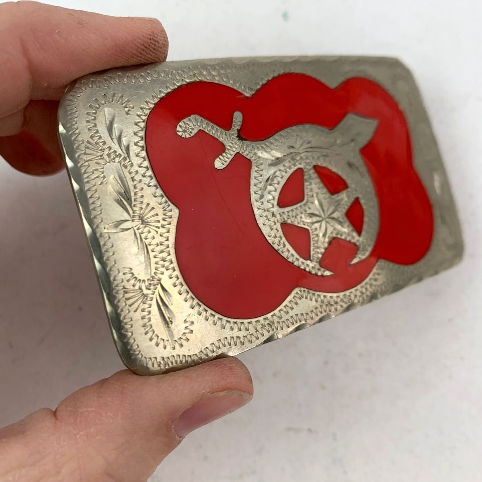 Vintage VINTAGE Shriner Masonic Western Flair Belt Buckle Red Silver Hand Engraved Mens Belt Buckle Size ONE SIZE - 2 Thumbnail