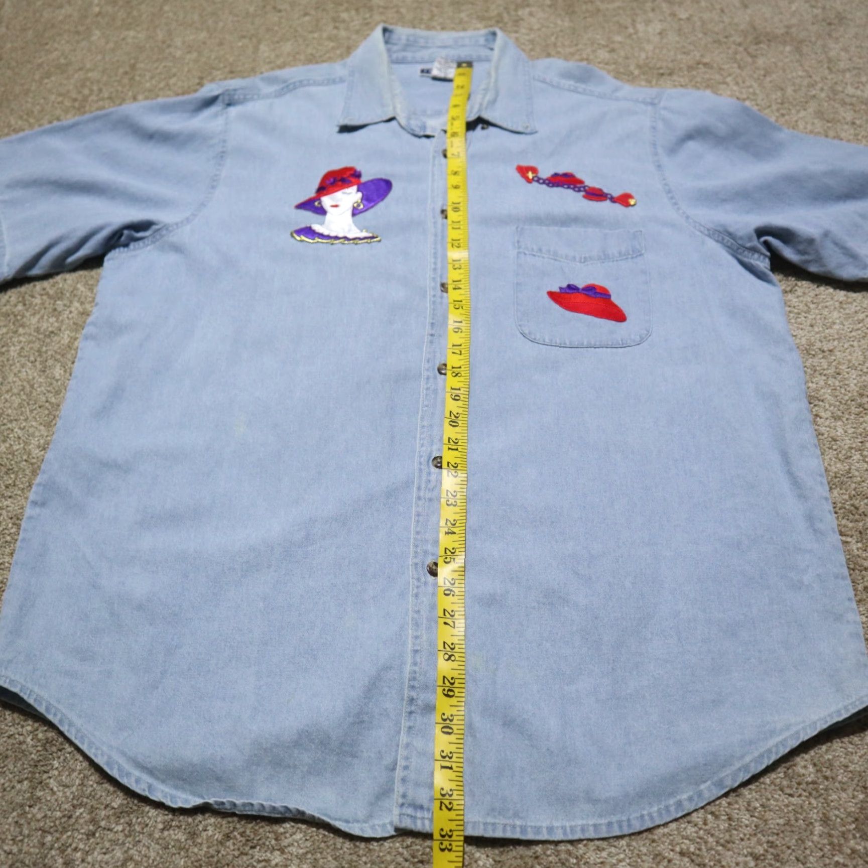 Denime Harriton Shirt Women XL Blue Denim Short Sleeve Button-Down Front Pocket Embroidered 100% Cotton Size XL / US 12-14 / IT 48-50 - 7 Thumbnail