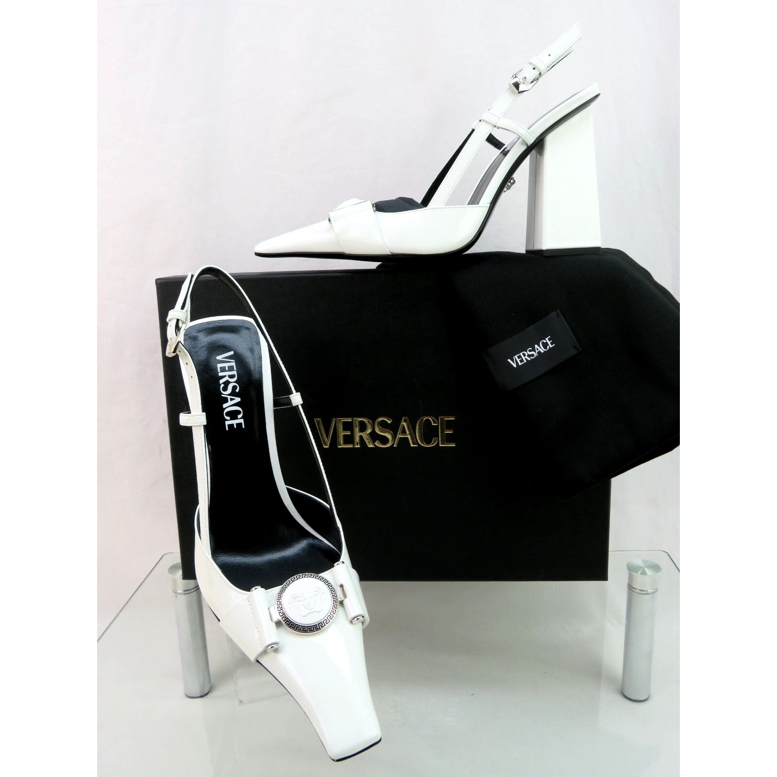 Versace VERSACE WHITE PATENT LEATHER MEDUSA HEAD SANDALS PUMPS 37.5 Size US 7.5 / IT 37.5 - 1 Thumbnail