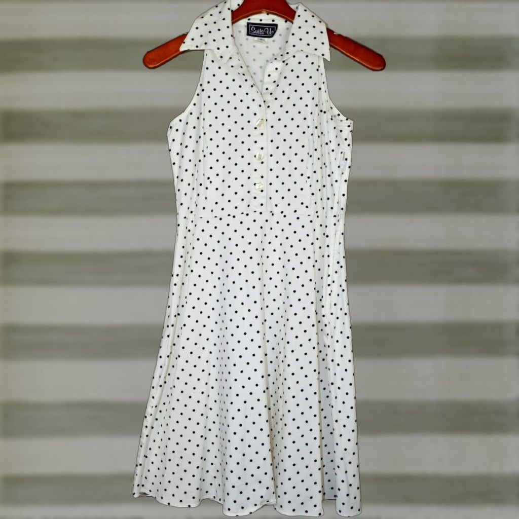 VINTAGE Suits Us Dress S/M White Sleeveless Polka Dot Cotton Stretchy 90s Fit