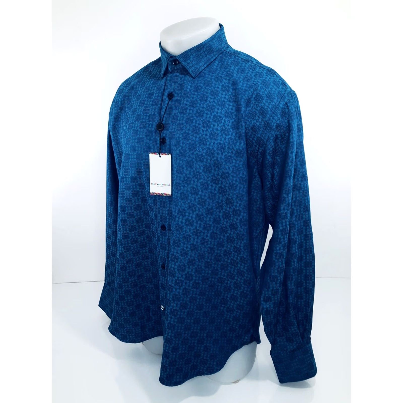 Luchiano Visconti Luchiano Visconti Geometric Shiny Button-Up Shirt / New w Tags - Blue & Greenish Blue, L, Long Sleeve, Regular, Men’s Size US L / EU 52-54 / 3 - 3 Thumbnail