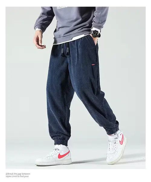 image of Autumn Winter Corduroy Sweatpants Men Baggy in Blue (Size 33)