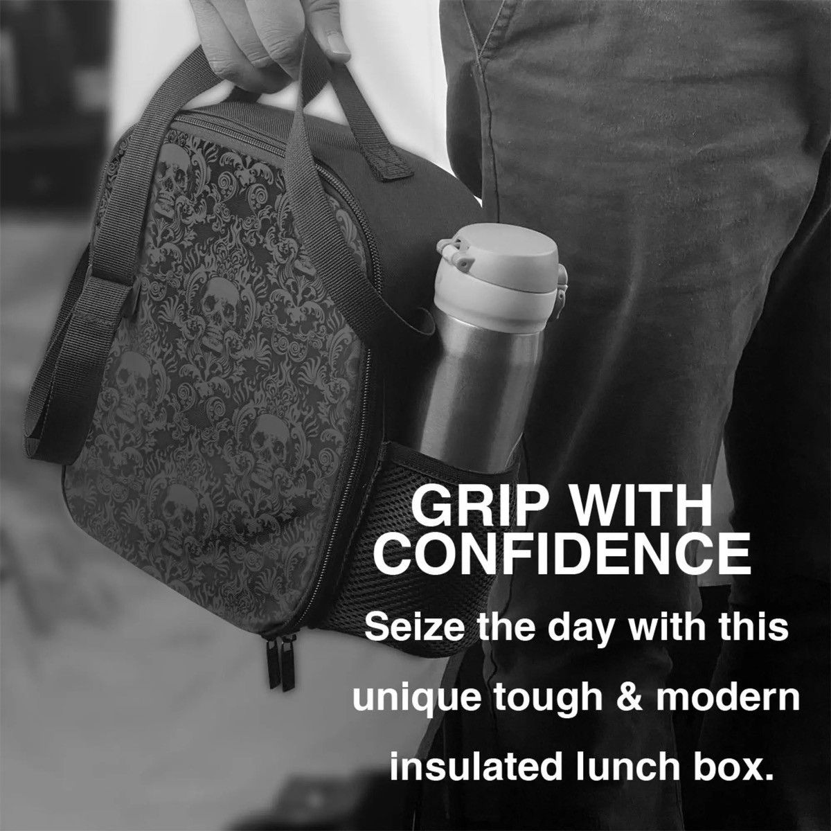 Designer Black Gothic Skull Damask Pattern Insulated Lunch Bag Size ONE SIZE - 7 Thumbnail