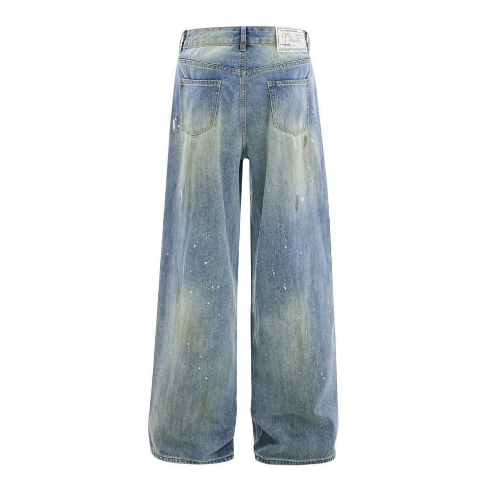 Men's street punk loose straight ink-splashed ripped jeans