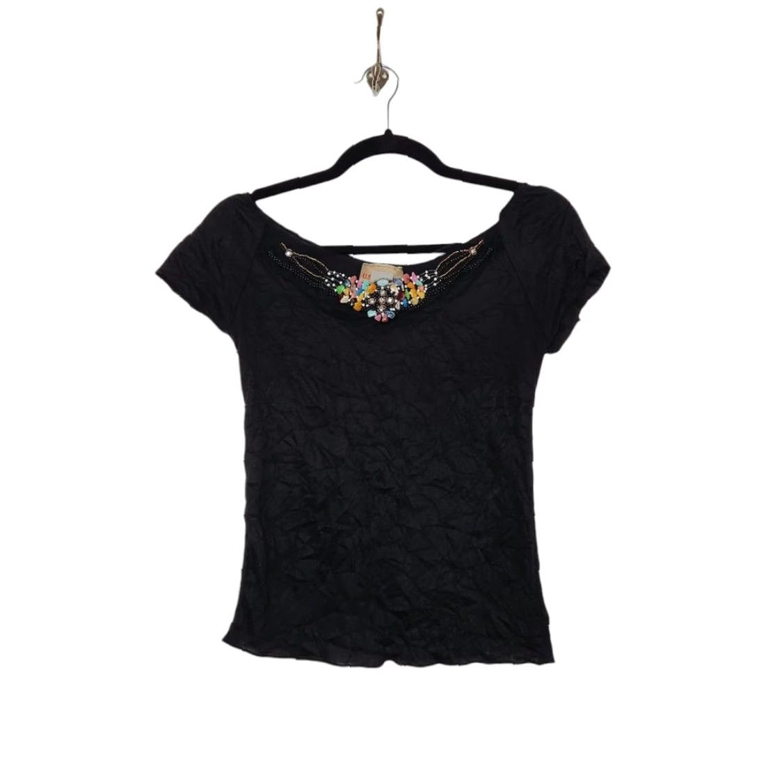 Vintage VINTAGE Beaded Stones Gems Off Shoulder Black Summer Going Out Shirt Size L / US 10 / IT 46 - 2 Thumbnail