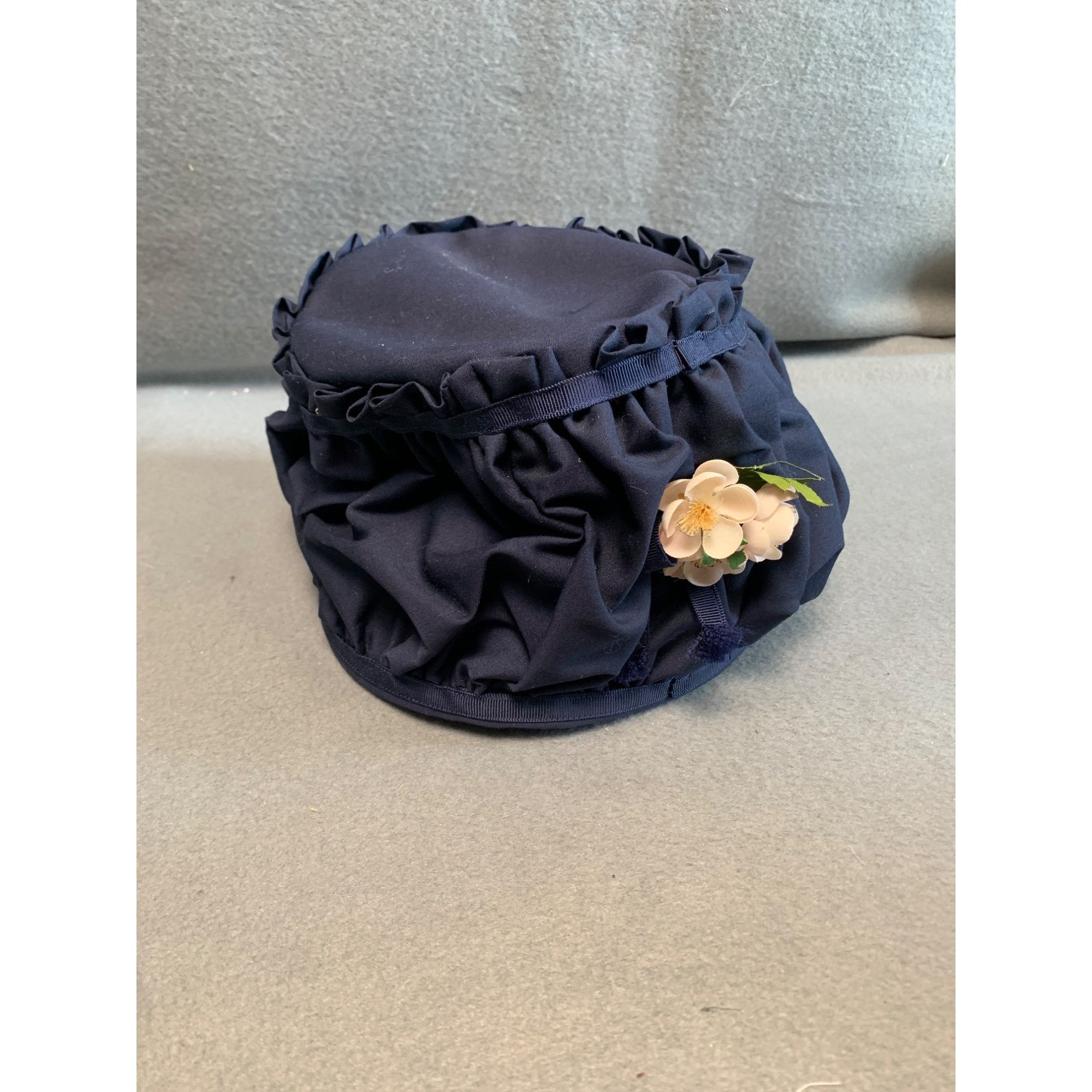 Vintage Handmade Navy Blue Ruffled Vintage Hat with Floral Accent by Size ONE SIZE - 8 Thumbnail
