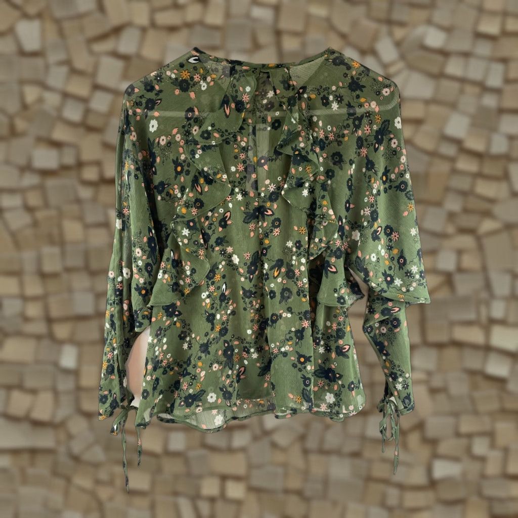 Topshop Topshop Blouse Women's Size 4 Green Floral Ruffles Long Sleeve Sheer Soft Top Size S / US 4 / IT 40 - 1 Thumbnail