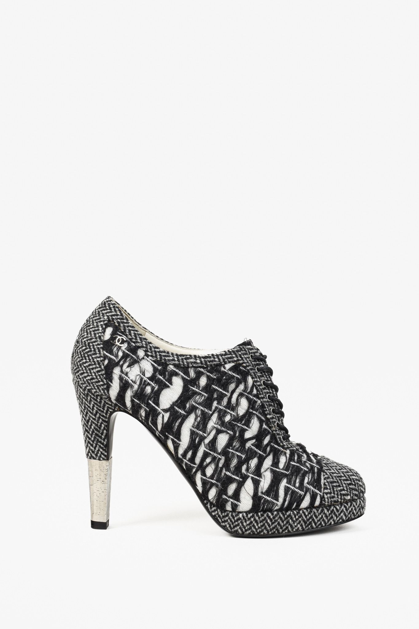 Chanel Chanel G27462 Wool Tweed Lace Up Silver Heel Booties Size US 9 / IT 39 - 1 Thumbnail