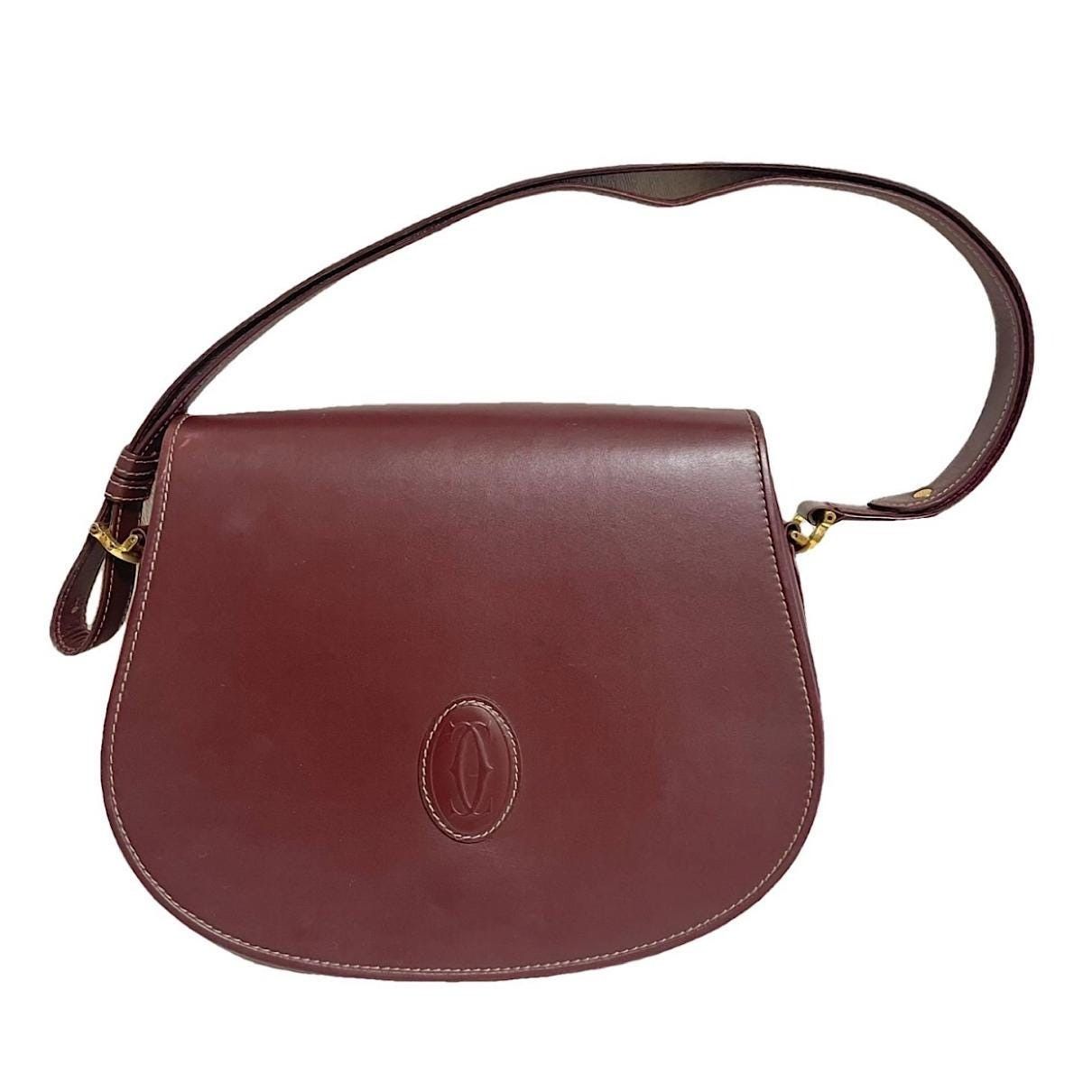 Vintage Cartier Wine, Bordeaux Leather Shoulder Bag in Red, Women's