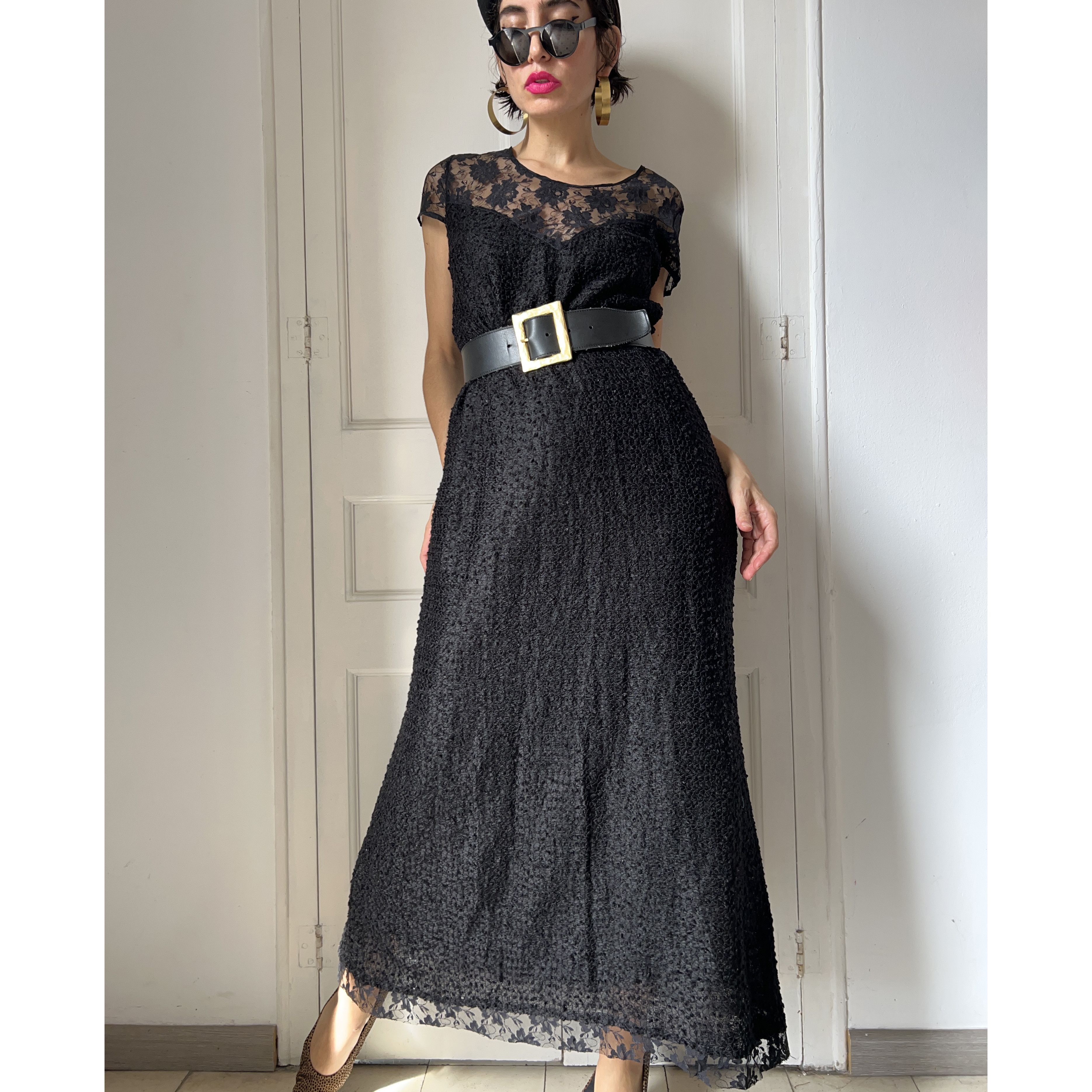 Vintage Vintage 90s Black Bouclé Lace Maxi Dress Size M / US 6-8 / IT 42-44 - 4 Thumbnail