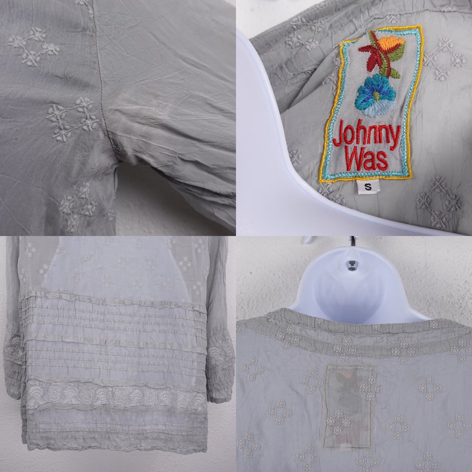 Johnny Was Johnny Was Tunic Dress Gray Sheer Gauze Embroidered Long Sleeve Rayon Small Boho Women's Dahlia Floral Patchwork Vintage: No Size S / US 4 / IT 40 - 8 Thumbnail