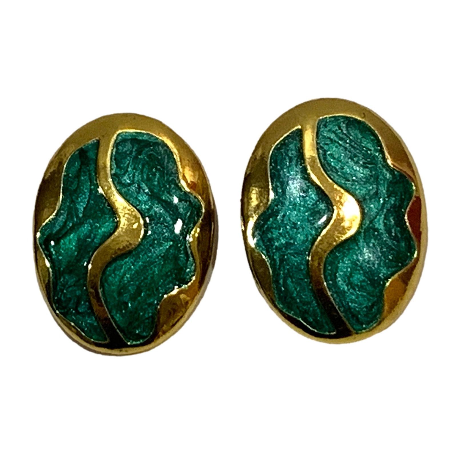 Jewelry × Vintage Vintage 80s Large Oval Gold & Green Enamel Swirl Earrings Size ONE SIZE - 8 Thumbnail