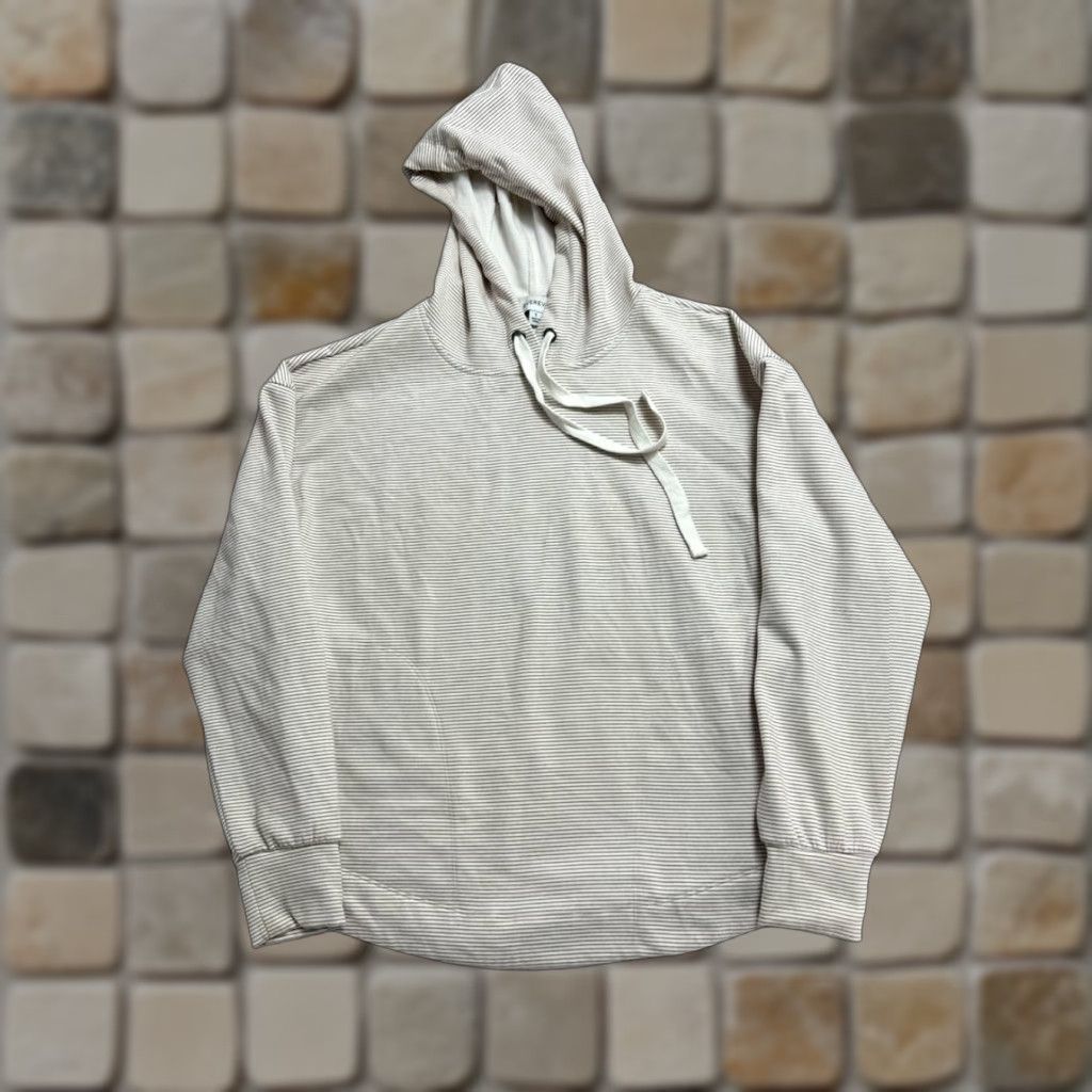 Vintage Evereve Hoodie Womens Small Beige Striped Fleece Lined Pullover Hooded All Seasons Casual Logo Pocket City Classic Size S / US 4 / IT 40 - 1 Thumbnail