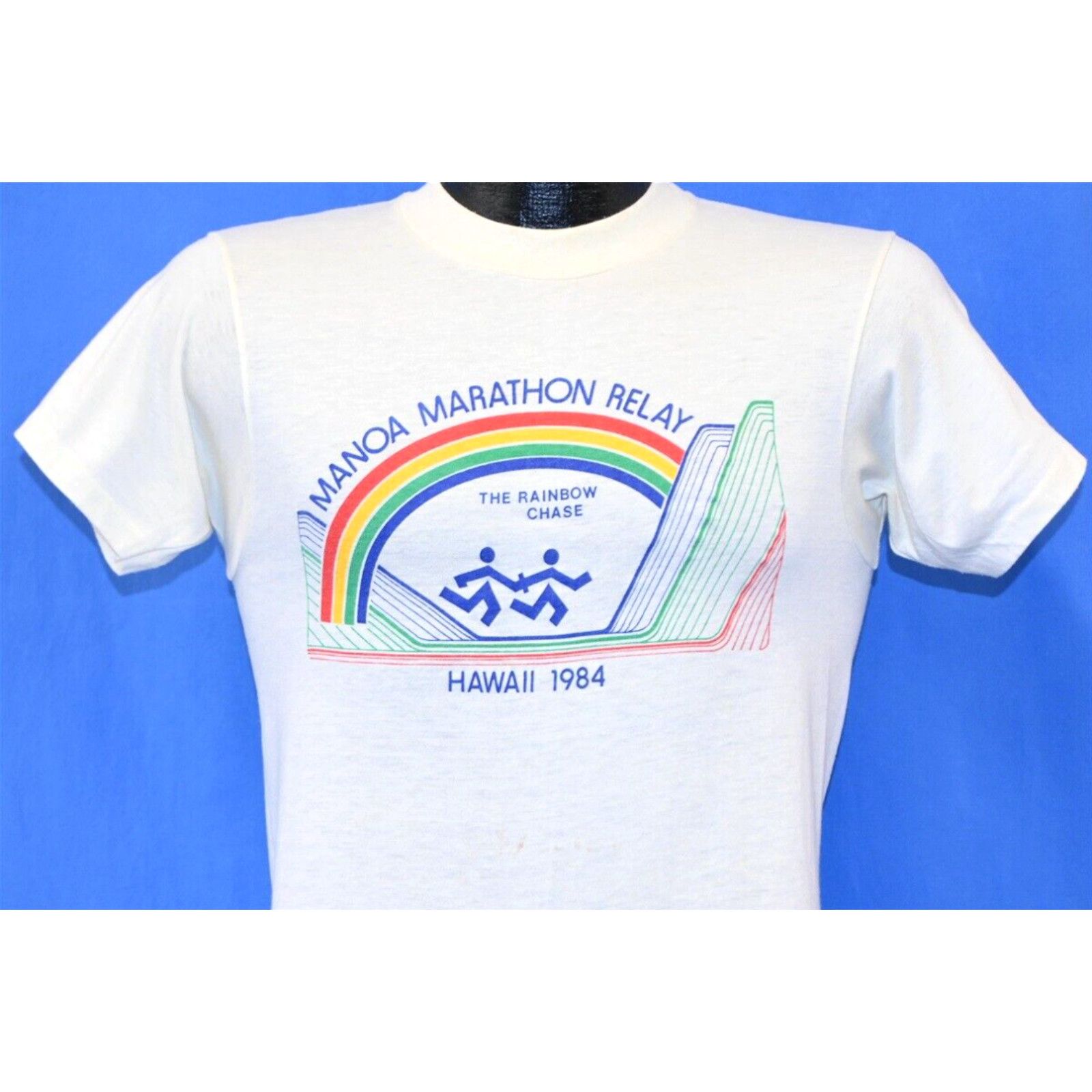 image of Hanes Vintage 80's Manoa Hawaii Marathon Relay Rainbow Chase 1984 T-Shirt Small S in White, Men's