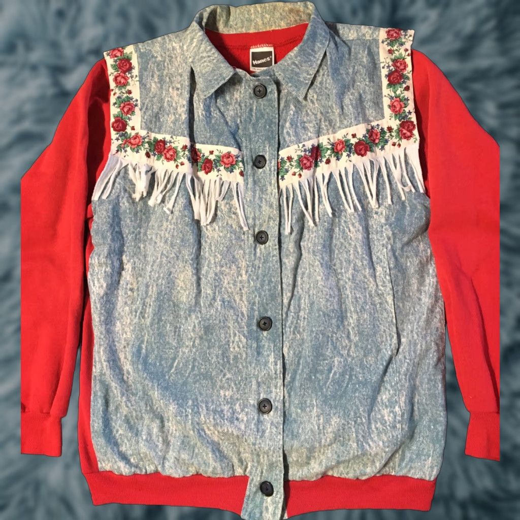 Hanes VINTAGE Hanes Denim Flowers Cardigan Sweatshirt XL USA Western Native Grunge 80s 90s Men's Regular Red Floral Open Front Cardigan Sweatshirt Hawaii? Size US XL / EU 56 / 4 - 1 Thumbnail
