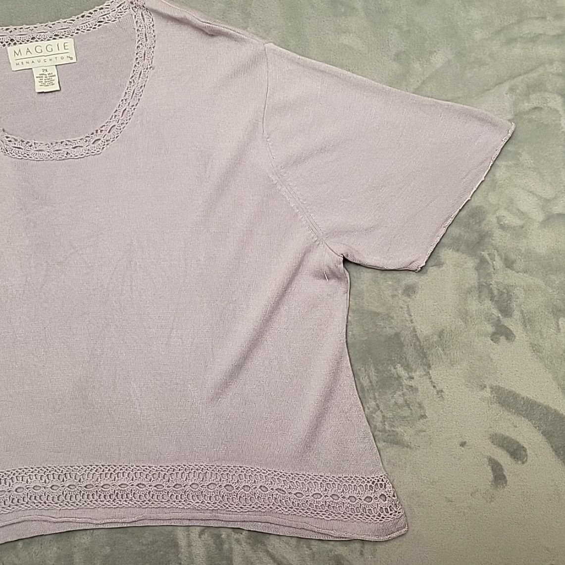 Vintage VINTAGE Maggie McNaughton Blouse Womens 2X Purple Silk Crochet Trim Short Sleeve Top Size XXL / US 16-18 / IT 52-54 - 3 Thumbnail