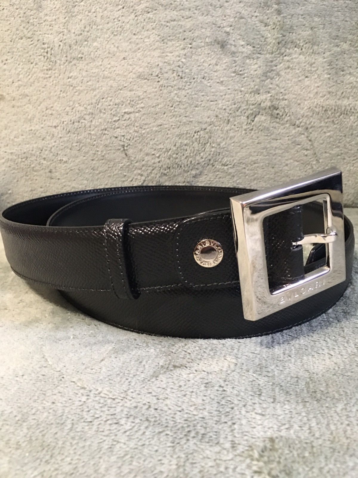 BVLGARI Square Buckle Belt Logo Pattern Black Size 110/44