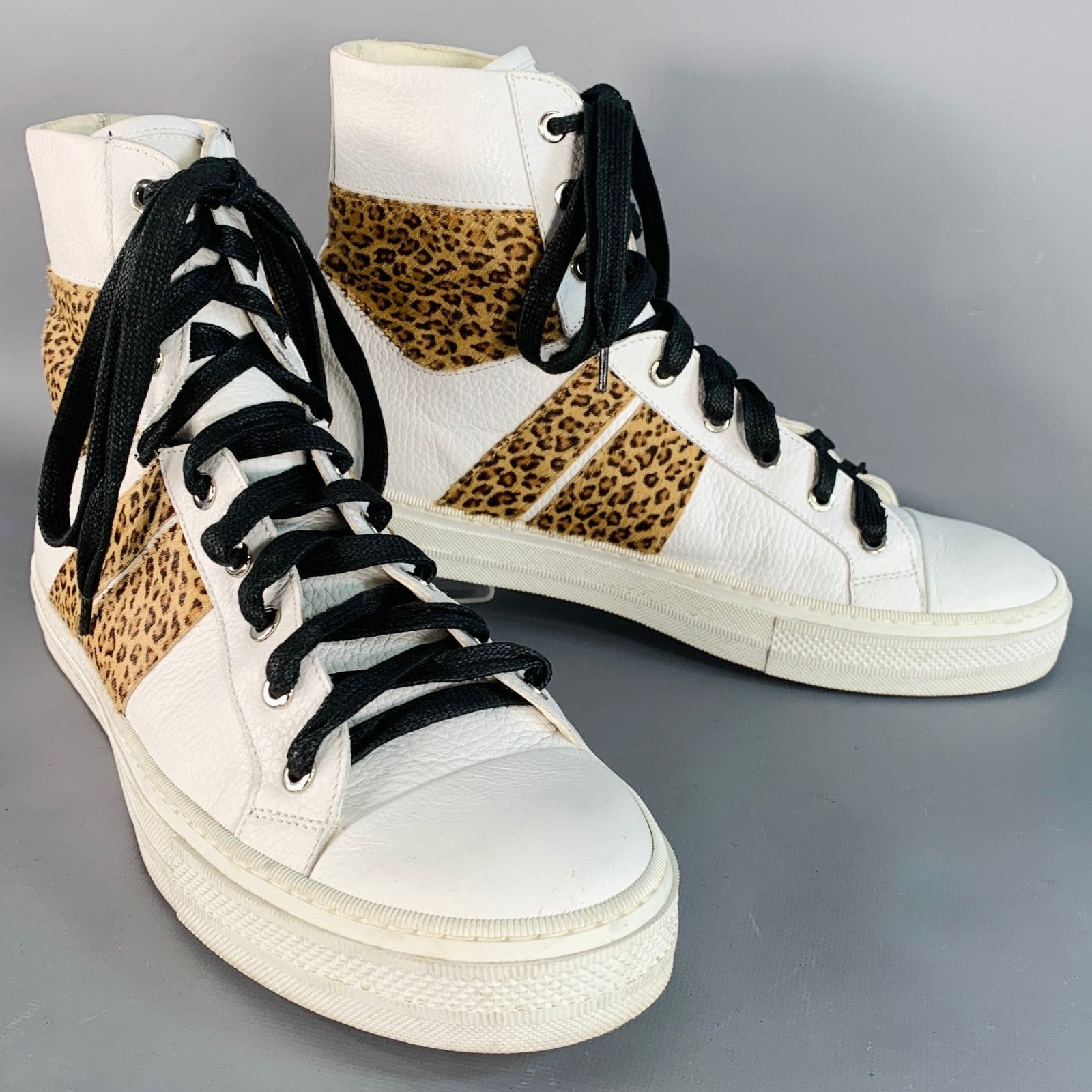 Amiri White Brown Animal Print Faux Fur Leather High Top Sneakers Size US 11 / EU 44 - 1 Thumbnail