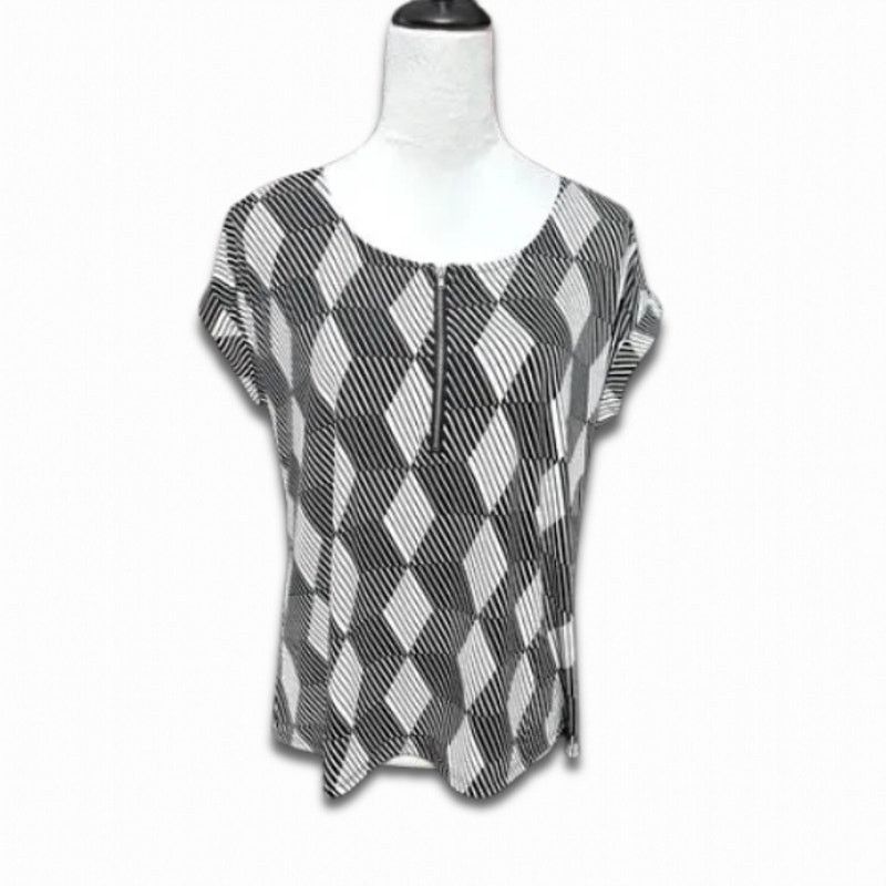 Other NY Collection Blouse Front Zip Geometric Black White W LP Size L / US 10 / IT 46 - 2 Thumbnail