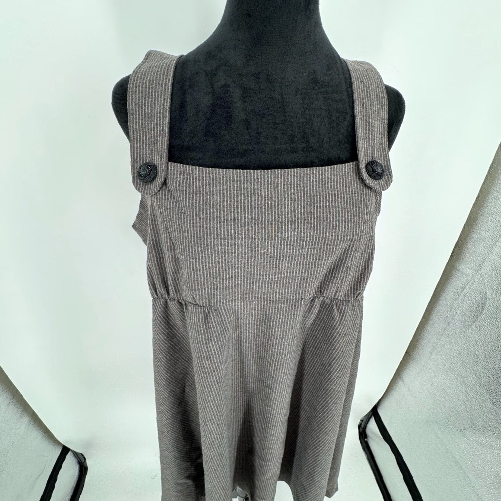 VINTAGE John Paul Richard Womens Overall Dress Pinstripe L Empire Waist  Square Neck Midi Sleeveless 90s