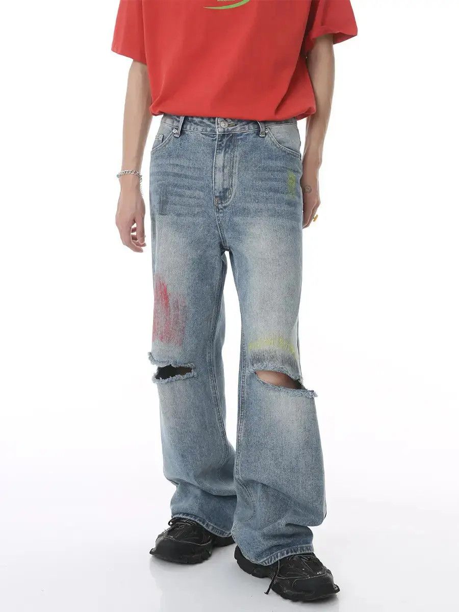 Retro loose wide leg graffiti ripped jeans