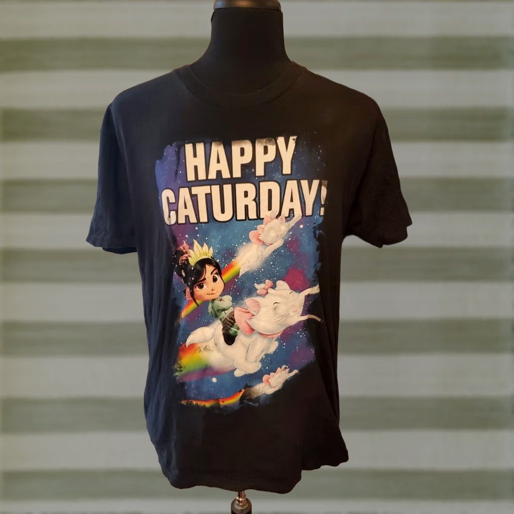 Disney Disney Ralph Breaks The Internet Happy Caturday Short Sleeve T-Shirt Adult Large Black Crew Neck Cotton Unisex Shirts Tee Graphic Print Size US L / EU 52-54 / 3 - 1 Thumbnail