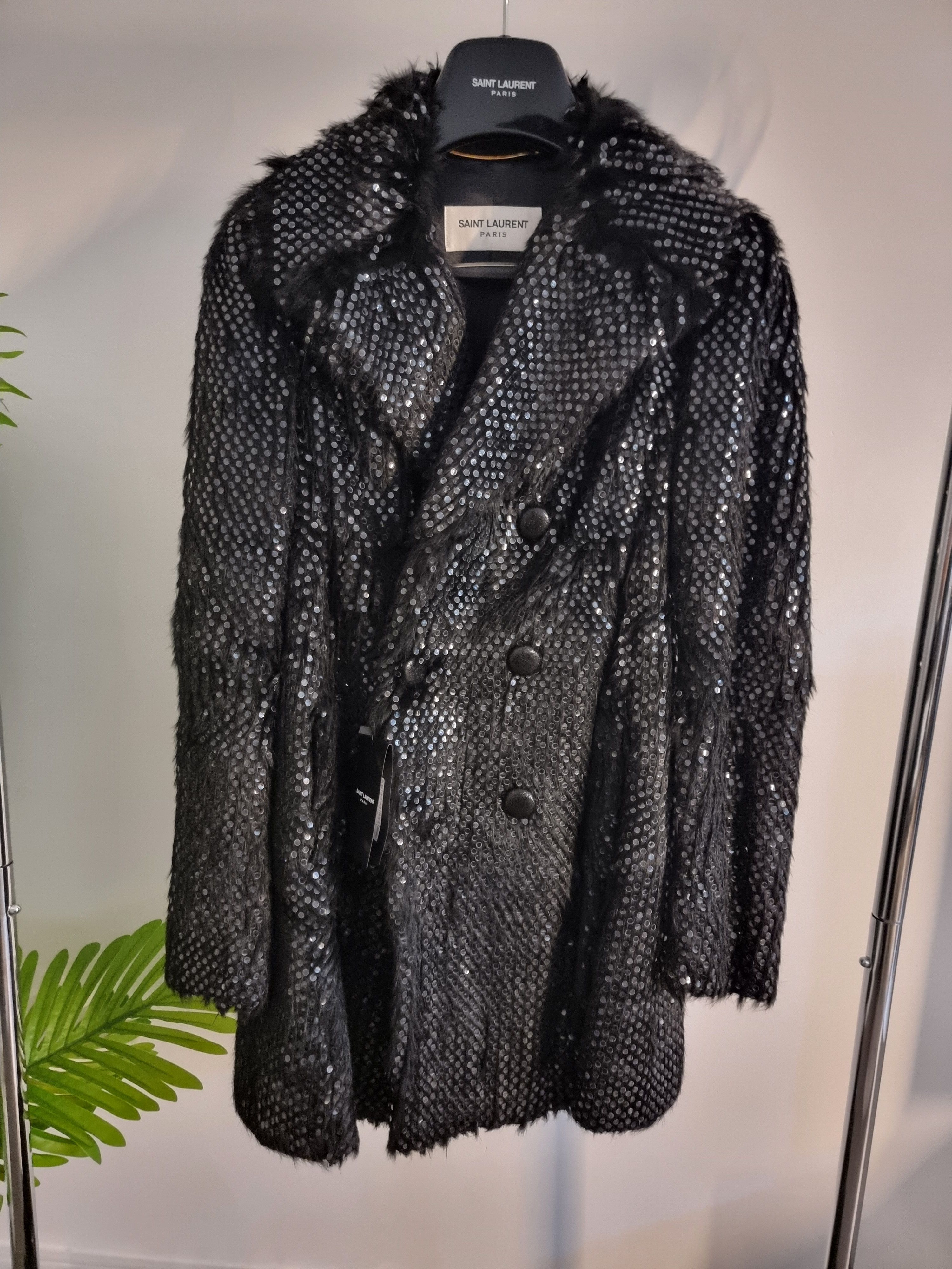 Image of Saint Laurent Paris Fw15 Saint Laurent Rabbit Fur Sequin Coat in Black, Women's (Size XS)