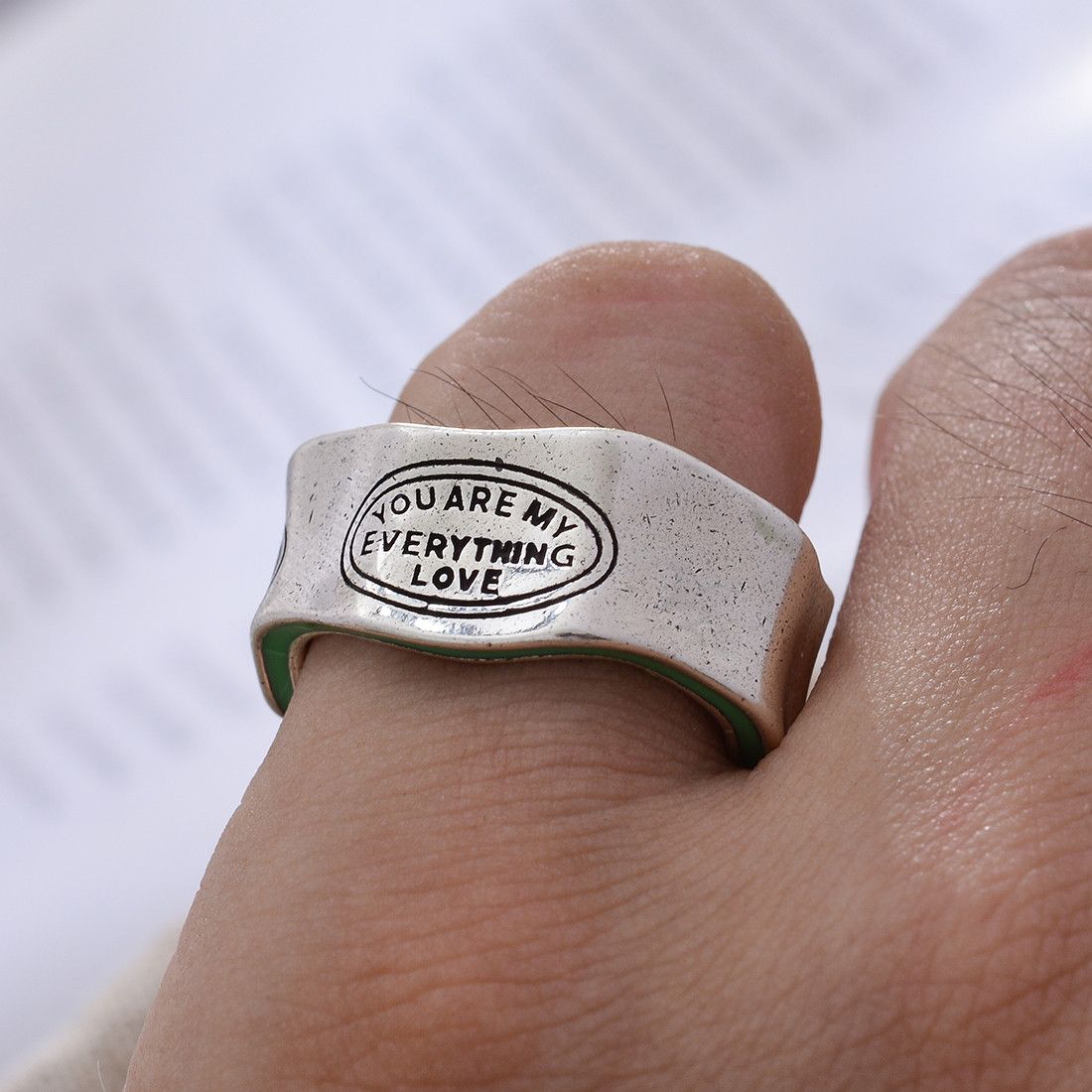 Japanese Brand × Vintage Elegant Letter Carving Green Stripe Design Retro Ring Size ONE SIZE - 4 Thumbnail