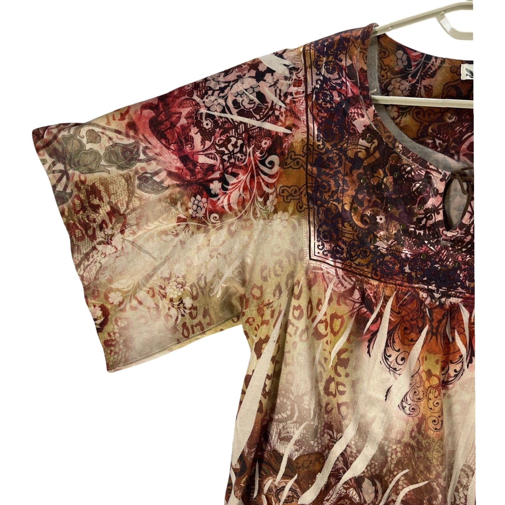 Vintage Unity World Wear Blouse Womens L Brown Short Sleeves Bohemian Fairy Paisley Round Neck Tunic Shirt Everyday Mens? Size L / US 10 / IT 46 - 4 Thumbnail