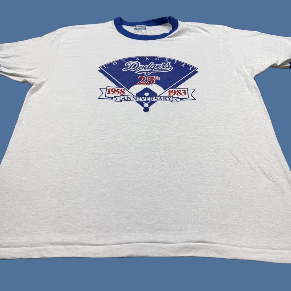Hanes VINTAGE Hanes LA Dodgers Ringer T Shirt XL White Baseball Tee 1983 90s Disney Mickey Mouse Logo Men X L White 80s 90s Shirt Mens Size US XL / EU 56 / 4 - 1 Thumbnail