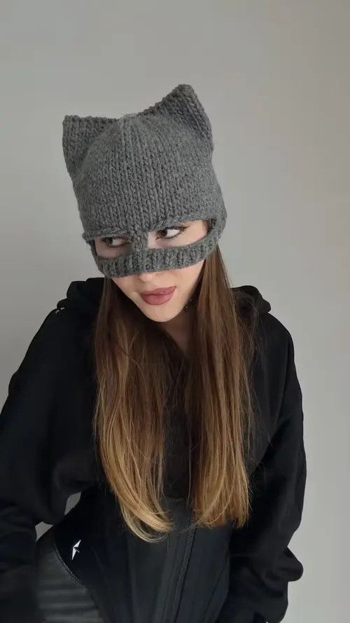 Japanese Brand Bear ski mask . Winter balaclava . Ears hat knitted handmade Size ONE SIZE - 3 Thumbnail