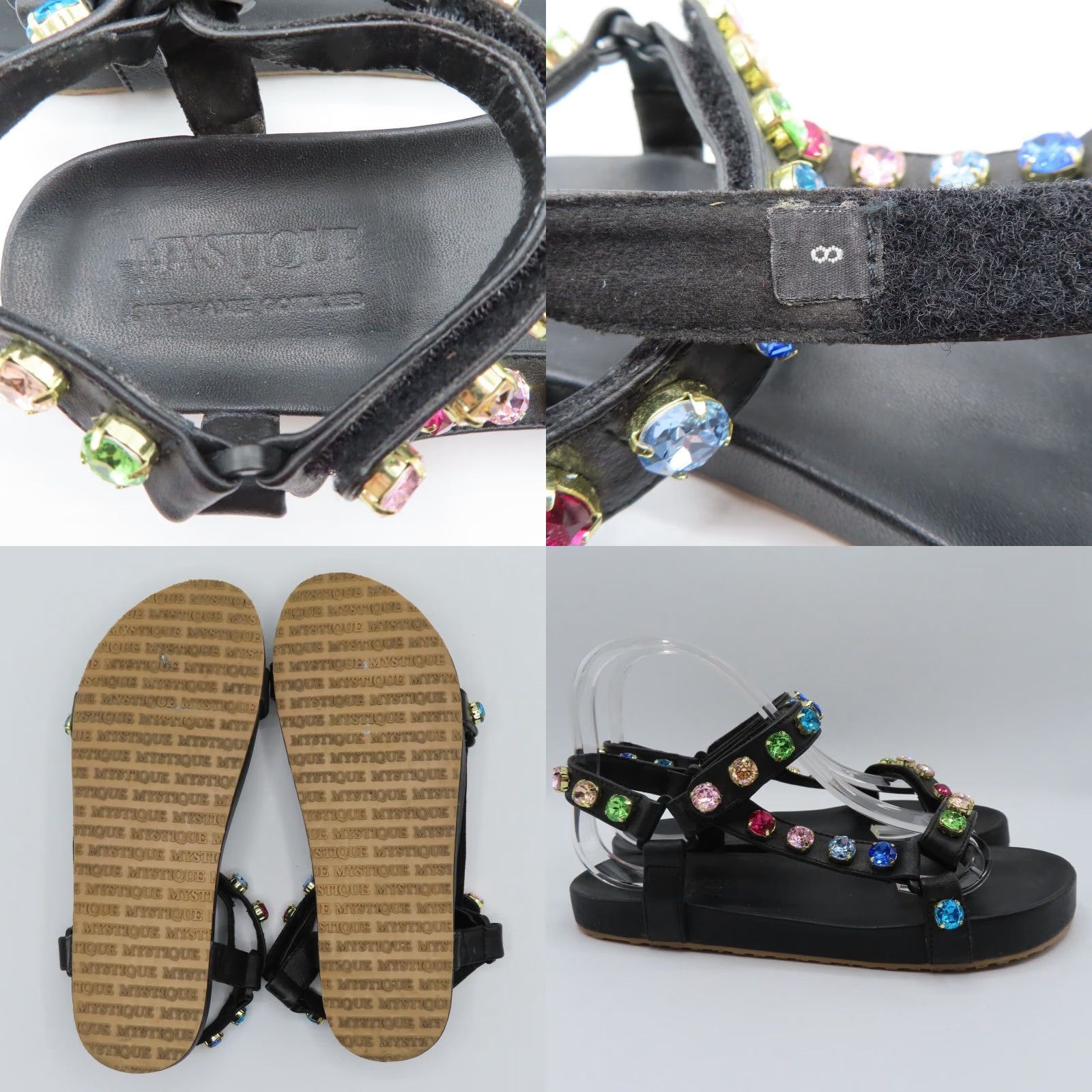 Rainbow Mystique Stephanie Gottlieb Women Sandal 8 Rainbow Rhinestone Hook Loop Leather Black Leather Sandals Womens Shoes Size US 8 / IT 38 - 8 Thumbnail