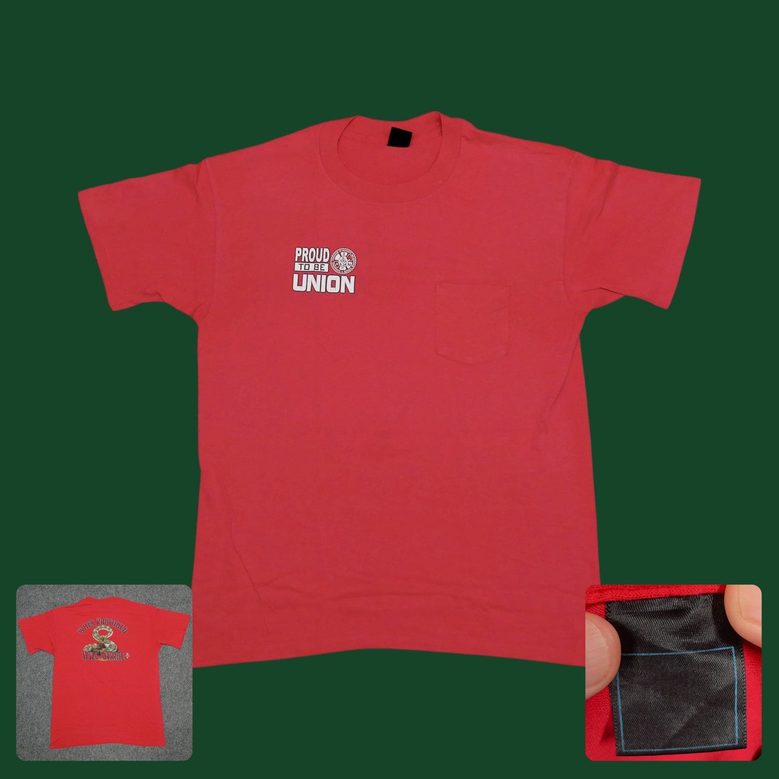 Vintage VTG Streetwear 90s Machinists Union Rattlesnake Pocket Tee Size US XXL / EU 58 / 5 - 1 Thumbnail