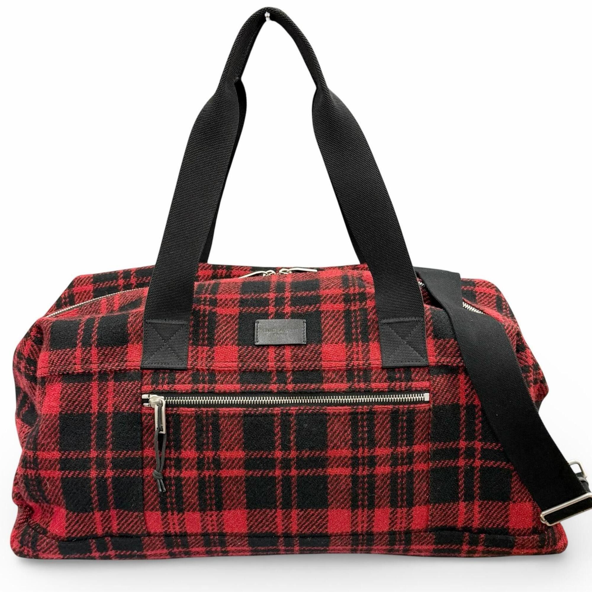 Yves Saint Laurent Yves Saint Laurent SAINT LAURENT PARIS 594400 Wool Leather Check Pattern 2-Way Duffle Bag/Boston Bag with Logo Patch, Red/Black, Made in Italy, Suitable for Women and Men. Size ONE SIZE - 1 Thumbnail