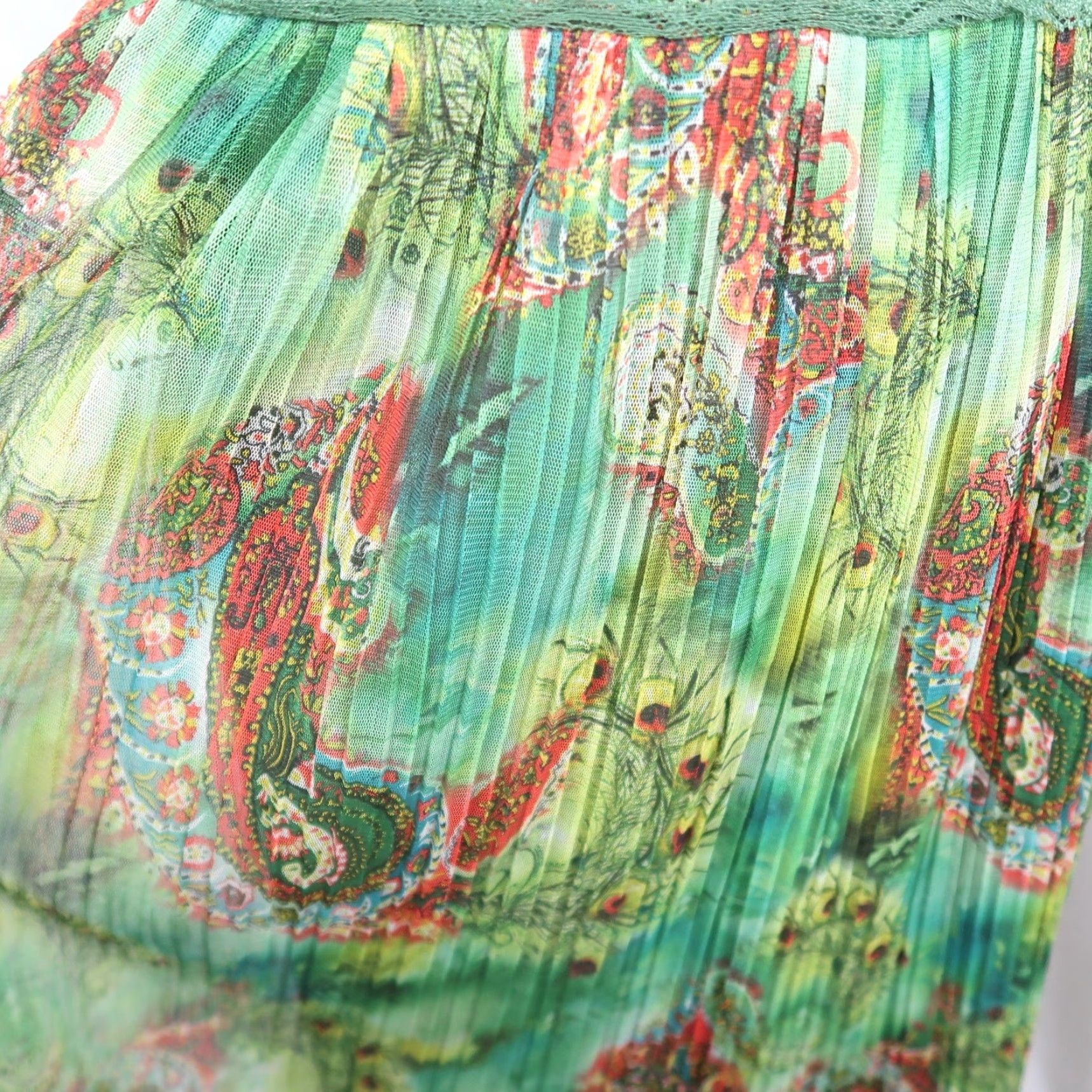 Vintage VINTAGE Green Peacock Paisley Print Lace Trim Pleated Midi Maxi Skirt S Women's Size 28" / US 6 / IT 42 - 5 Thumbnail