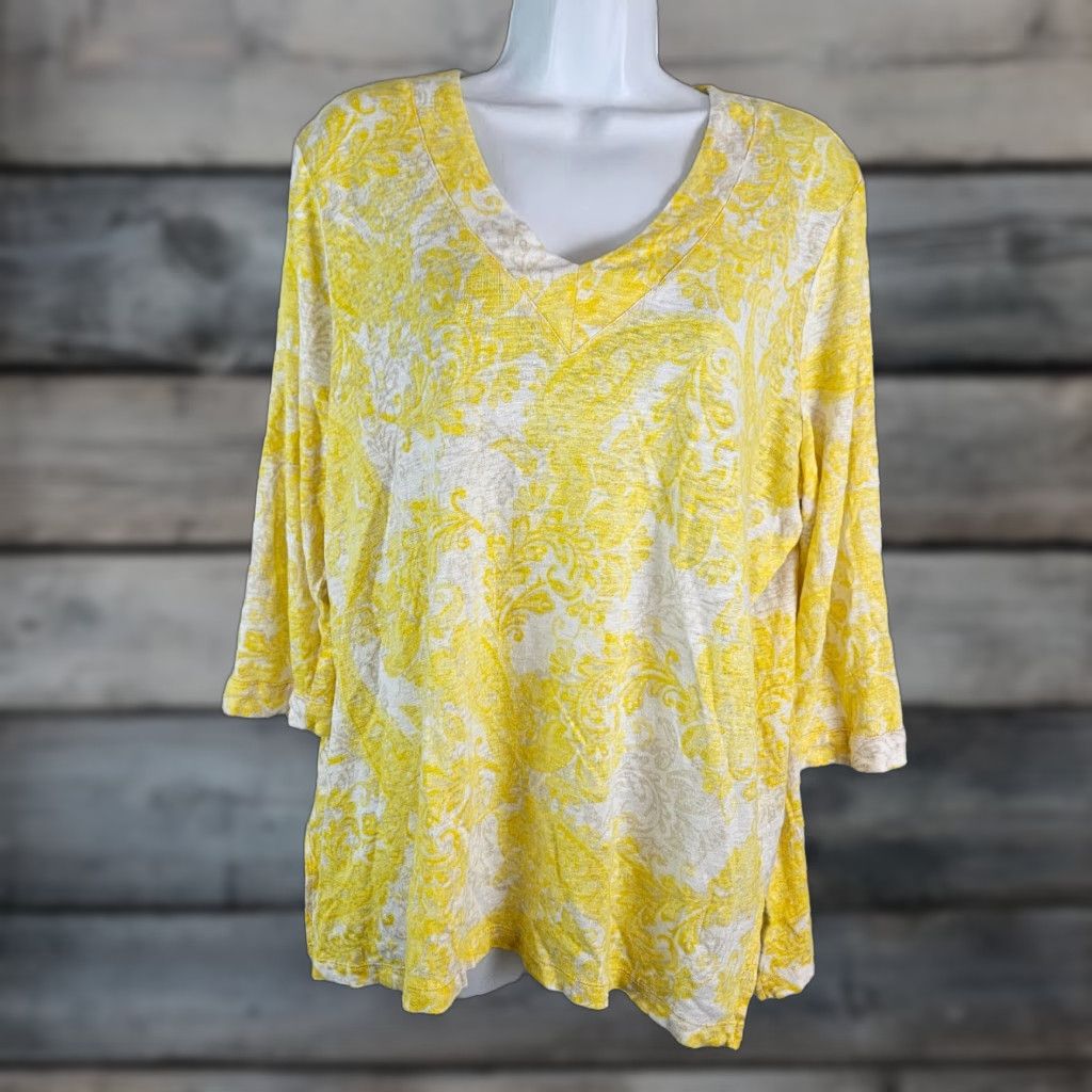 Vintage Chico's Womens Linen Top XL Yellow White 3/4 Sleeve V-Neck Blouse Shirt Womens XL Linen Top Size XL / US 12-14 / IT 48-50 - 1 Thumbnail
