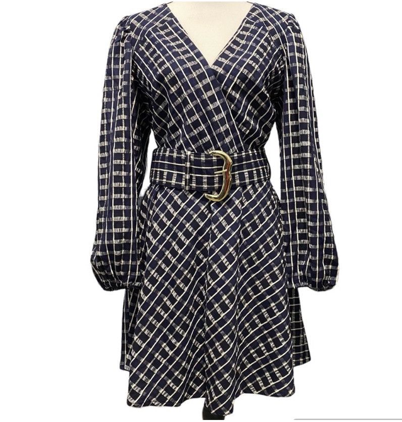 image of Tanya Taylor Nicola Puff-Sleeve Belted Check Dress in Navy, Women's (Size XL)