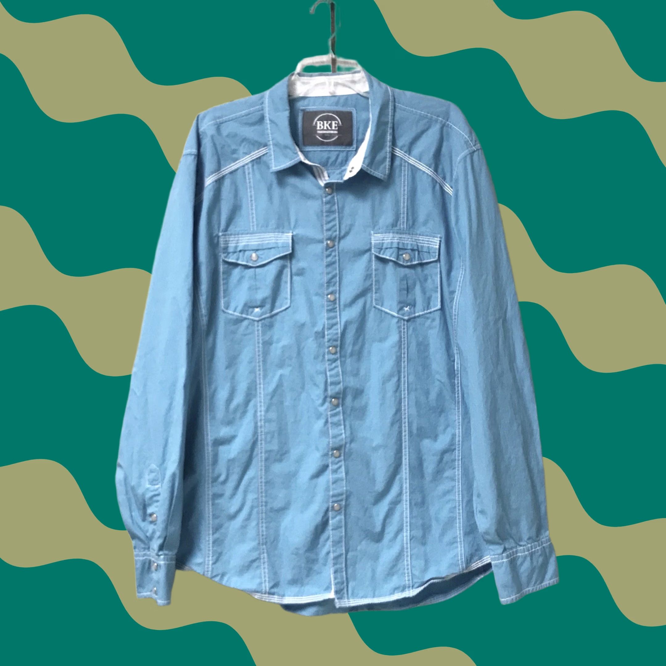 Vintage Buckle BKE Shirt Men Turquoise White Houston Striped Athletic Fit Pearl Snap 2XL Long Sleeve Jeans Cowboy Ranch Western Shirt Size US XXL / EU 58 / 5 - 1 Thumbnail