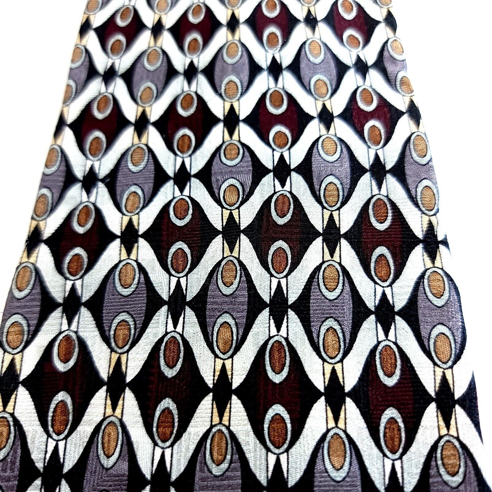 Vintage Martin Wong Red Silver Tan Print Short Wide Silk Tie Size ONE SIZE - 2 Thumbnail